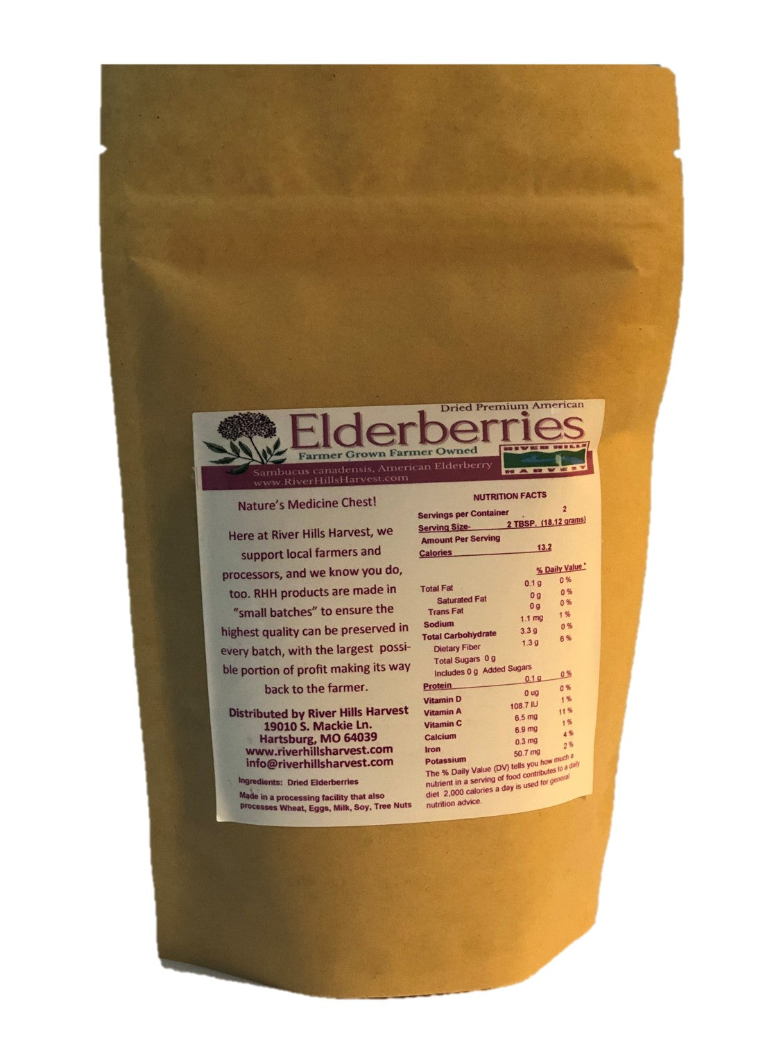 Bag of elderberries with a label on a white background