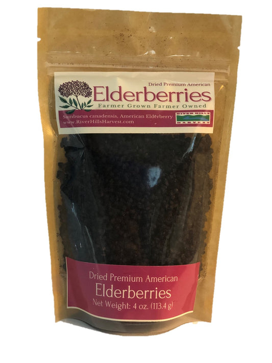 Package of dried elderberries with a visible brand label on a white background