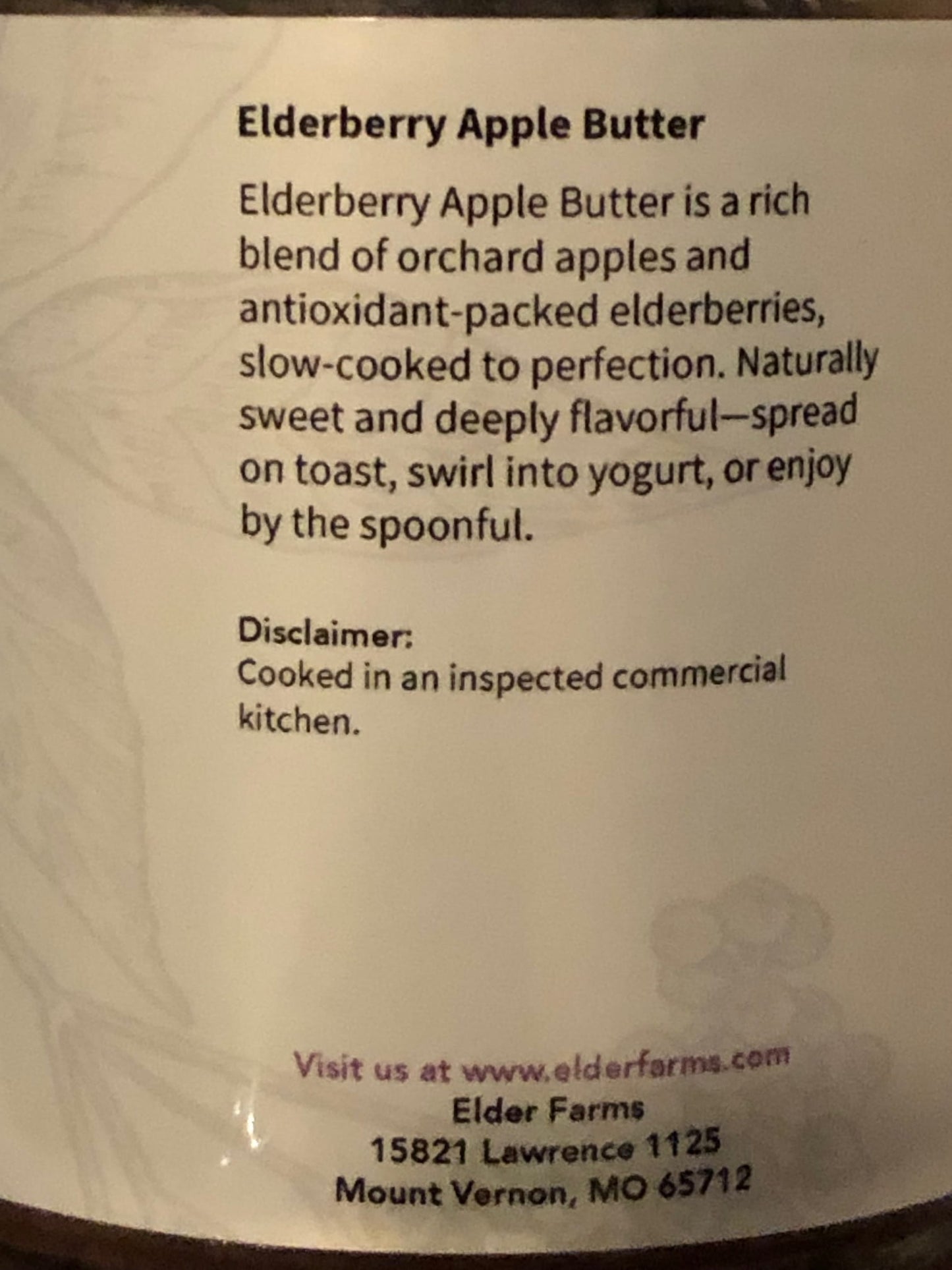 Label of Elderberry Apple Butter with description and contact information.