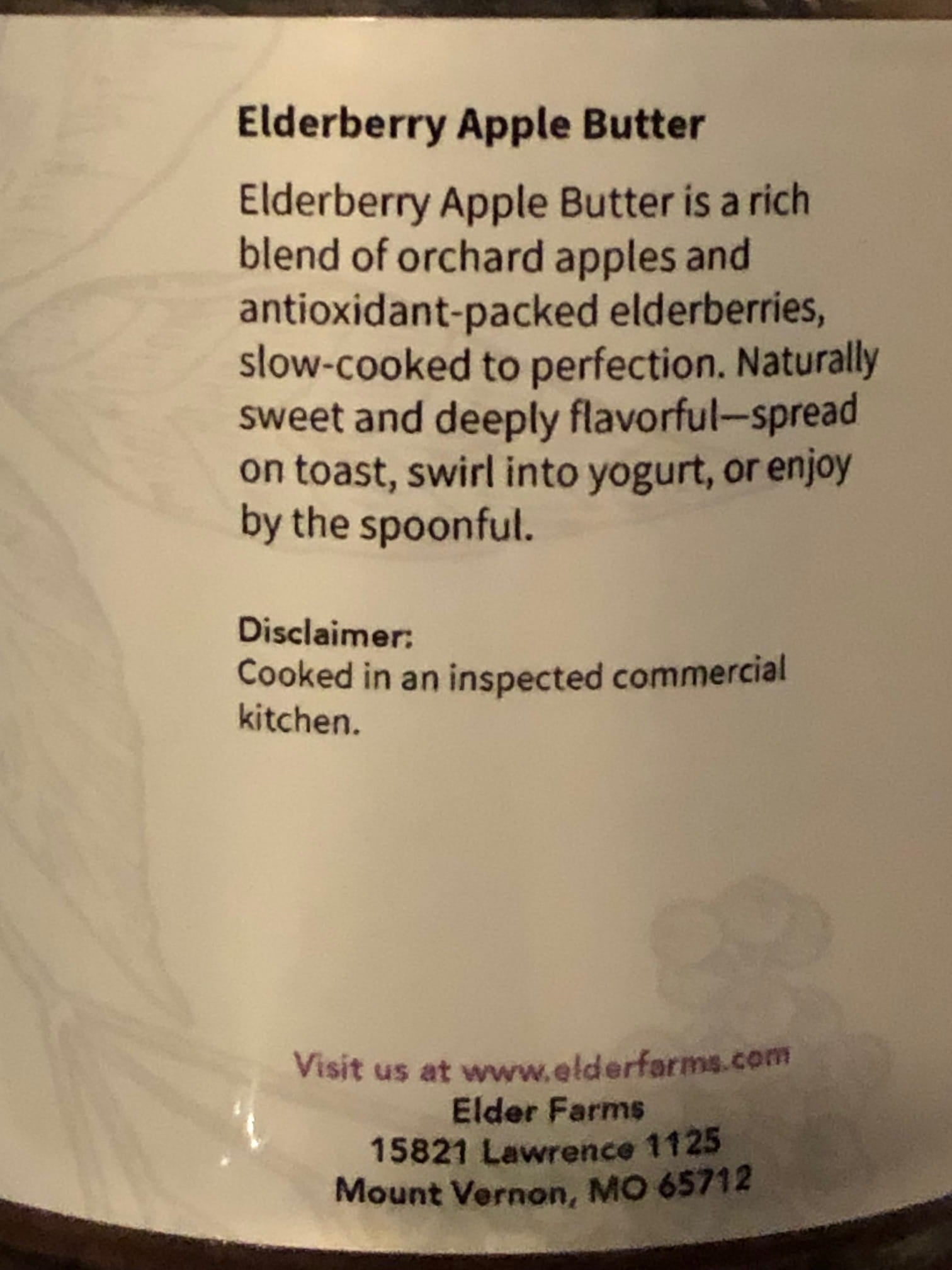Label of Elderberry Apple Butter with description and contact information.