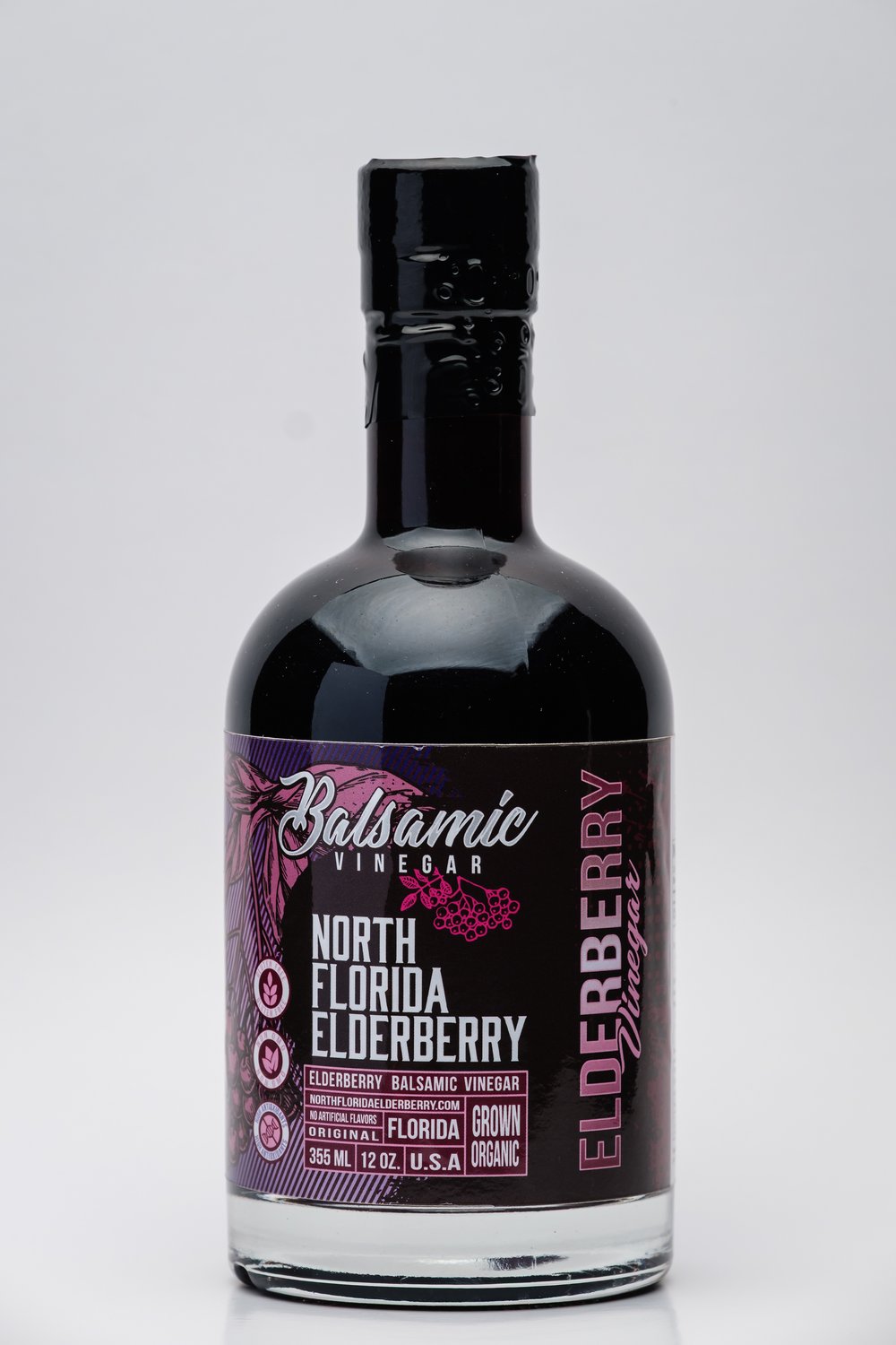 Bottle of North Florida Elderberry Balsamic Vinegar on a white background