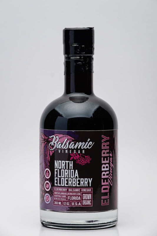 Bottle of North Florida Elderberry Balsamic Vinegar on a white background