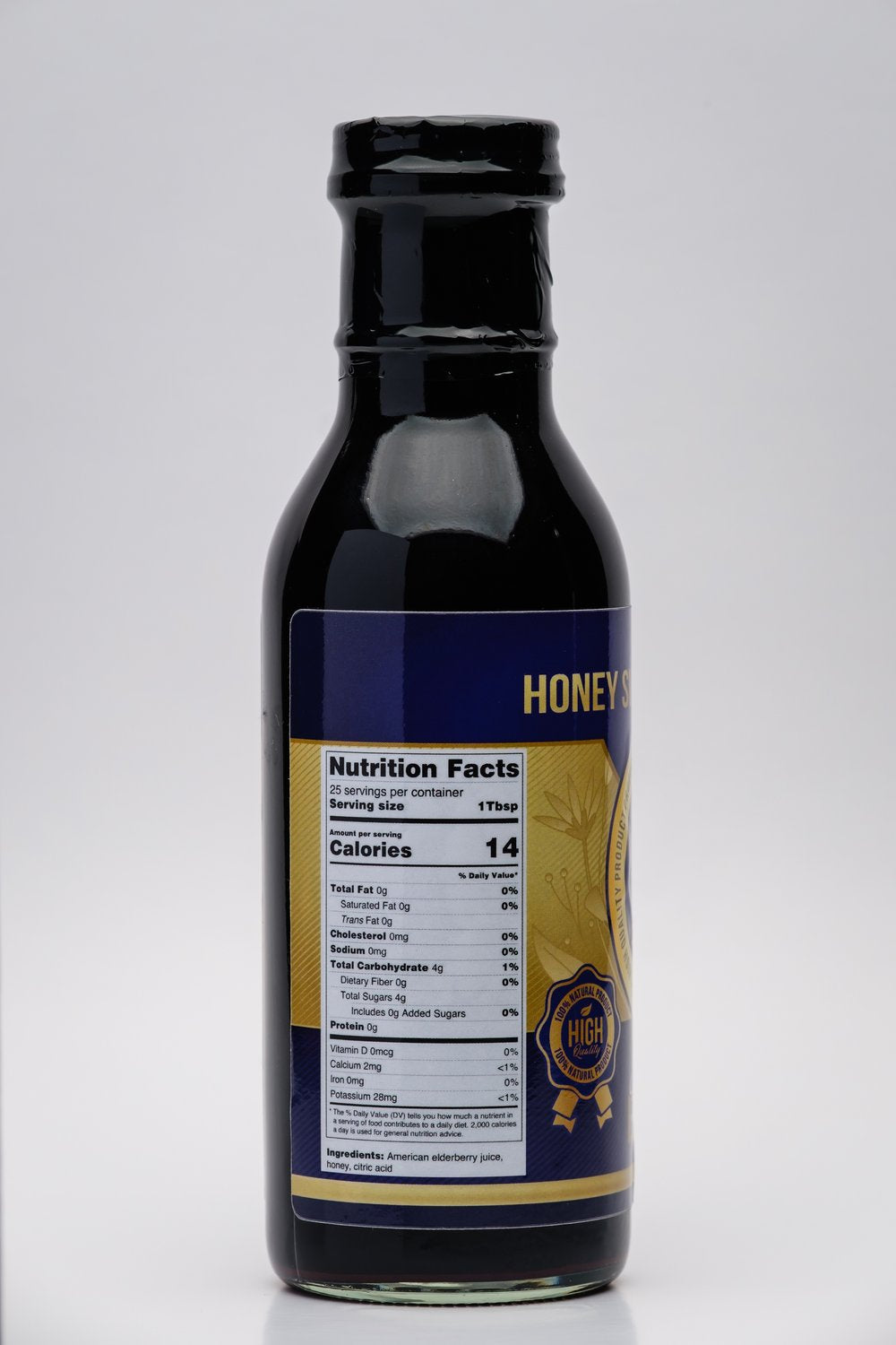 Bottle of North Florida Elderberry Elixir with a label on a white background