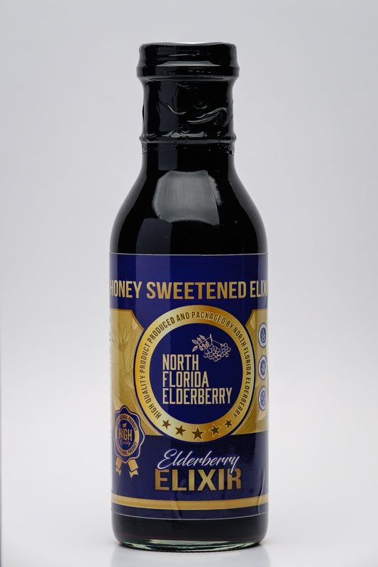 Bottle of North Florida Elderberry Elixir with a blue label on a white background