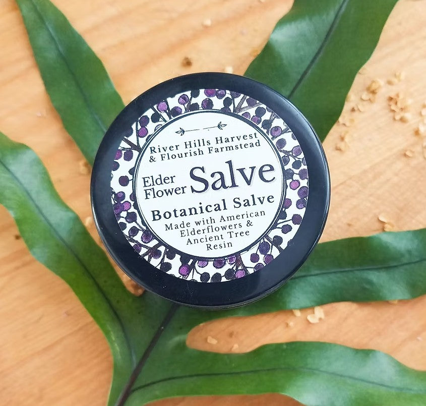 Elder Flower Salve container with decorative label on a leaf background