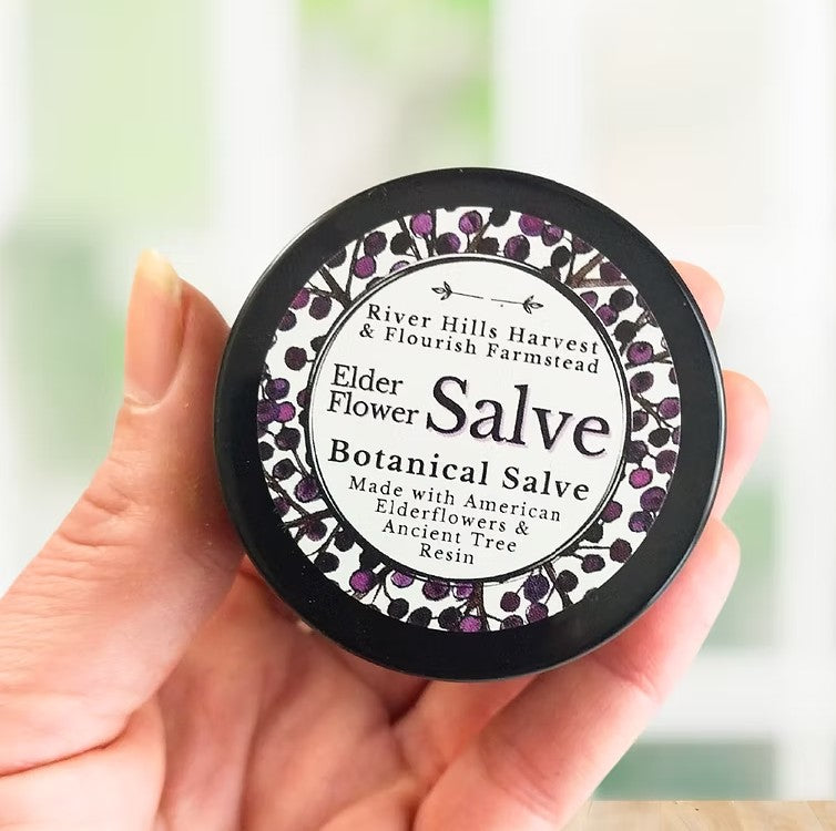 Hand holding a container of River Hills Harvest Elder Flower Salve