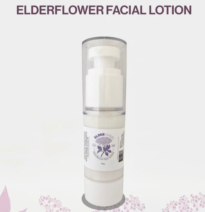 Elderflower facial lotion bottle on a white background with floral designs.