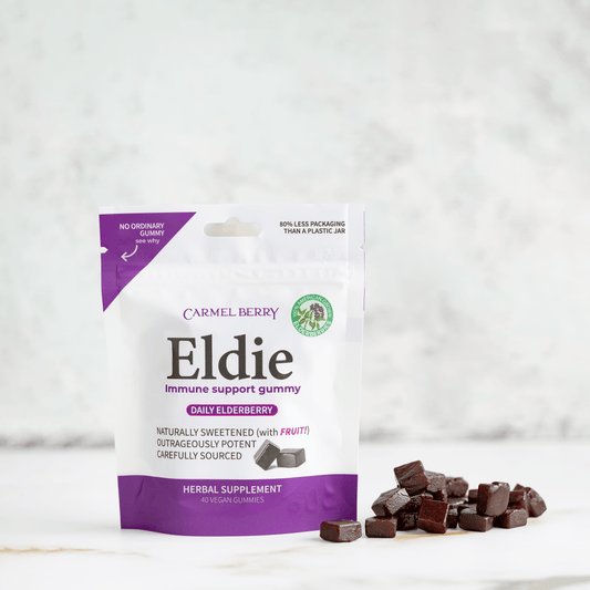 Eldie immune support gummy packaging with gummies on a white background