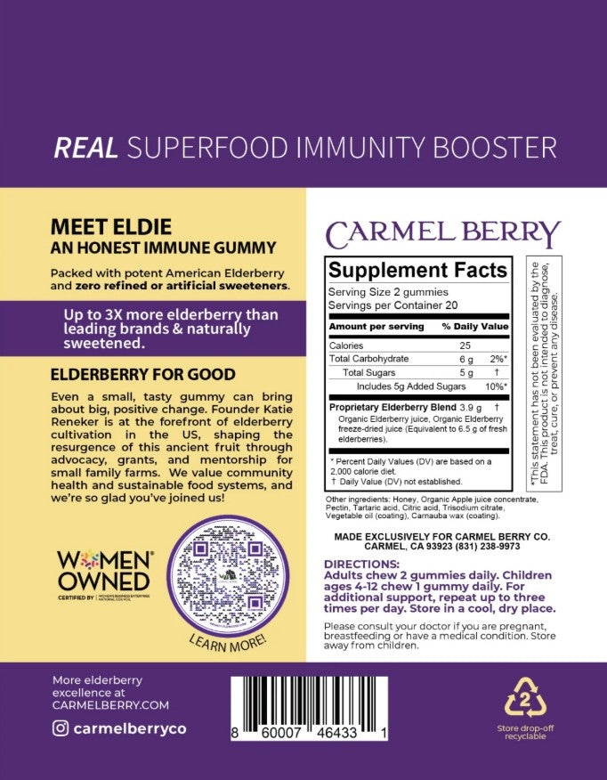 Carmel Berry Co. gummy supplement label for Elderly for Good on a purple background