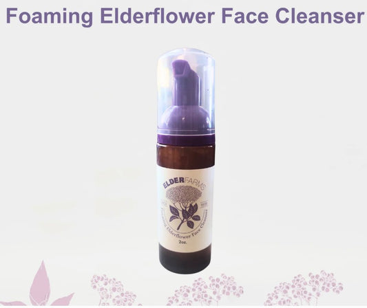 Bottle of Elderflower Foaming Face Cleanser with a white background.