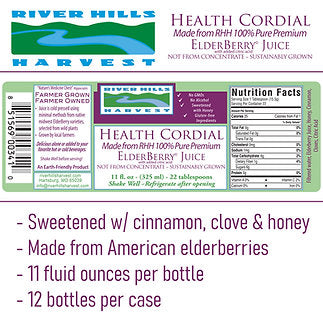River Hills Harvest Health Cordial label with product details and ingredients.