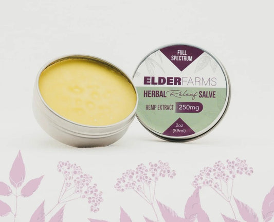 Elder Farms Herbal Relief Salve container with lid open on a white background