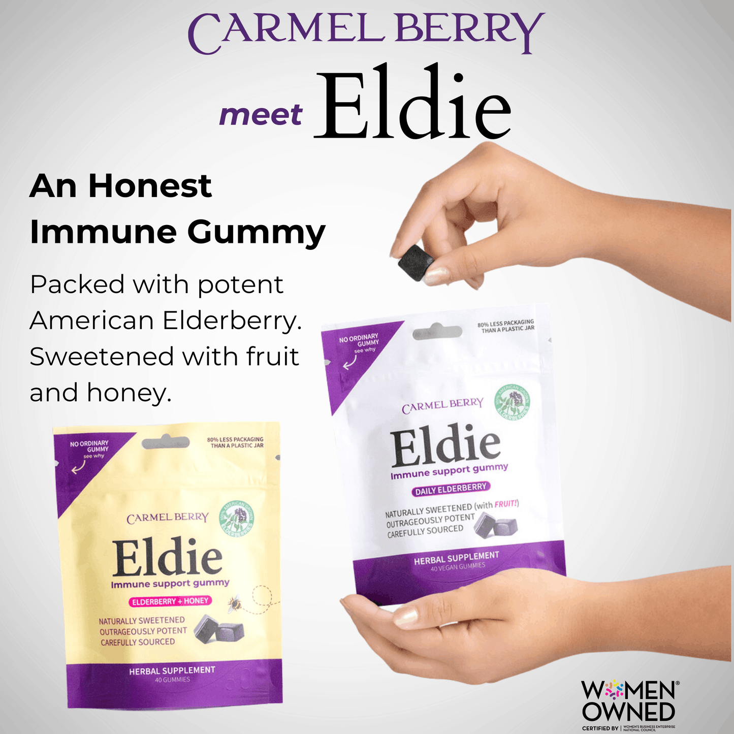 Carmel Berry Eldie immune support gummy packaging with a hand holding a gummy.