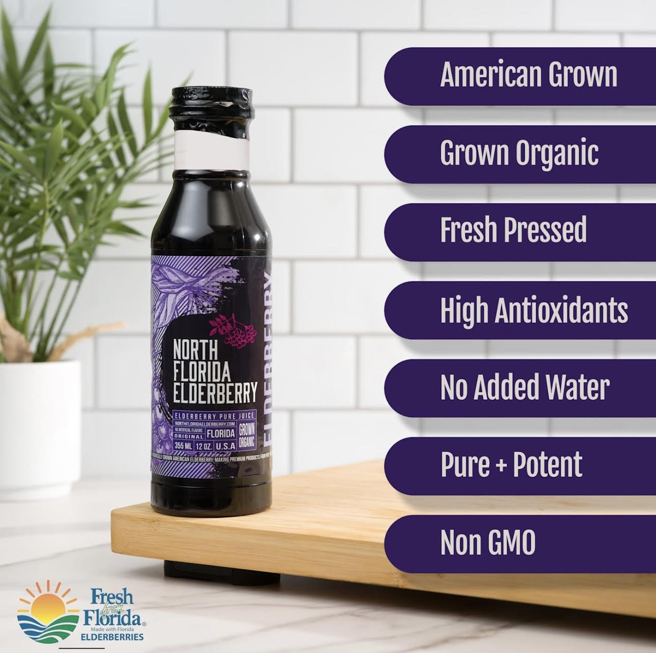 Bottle of North Florida Elderberry juice on a wooden shelf with product features listed.
