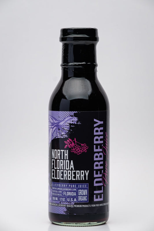 Bottle of North Florida Elderberry juice on a white background