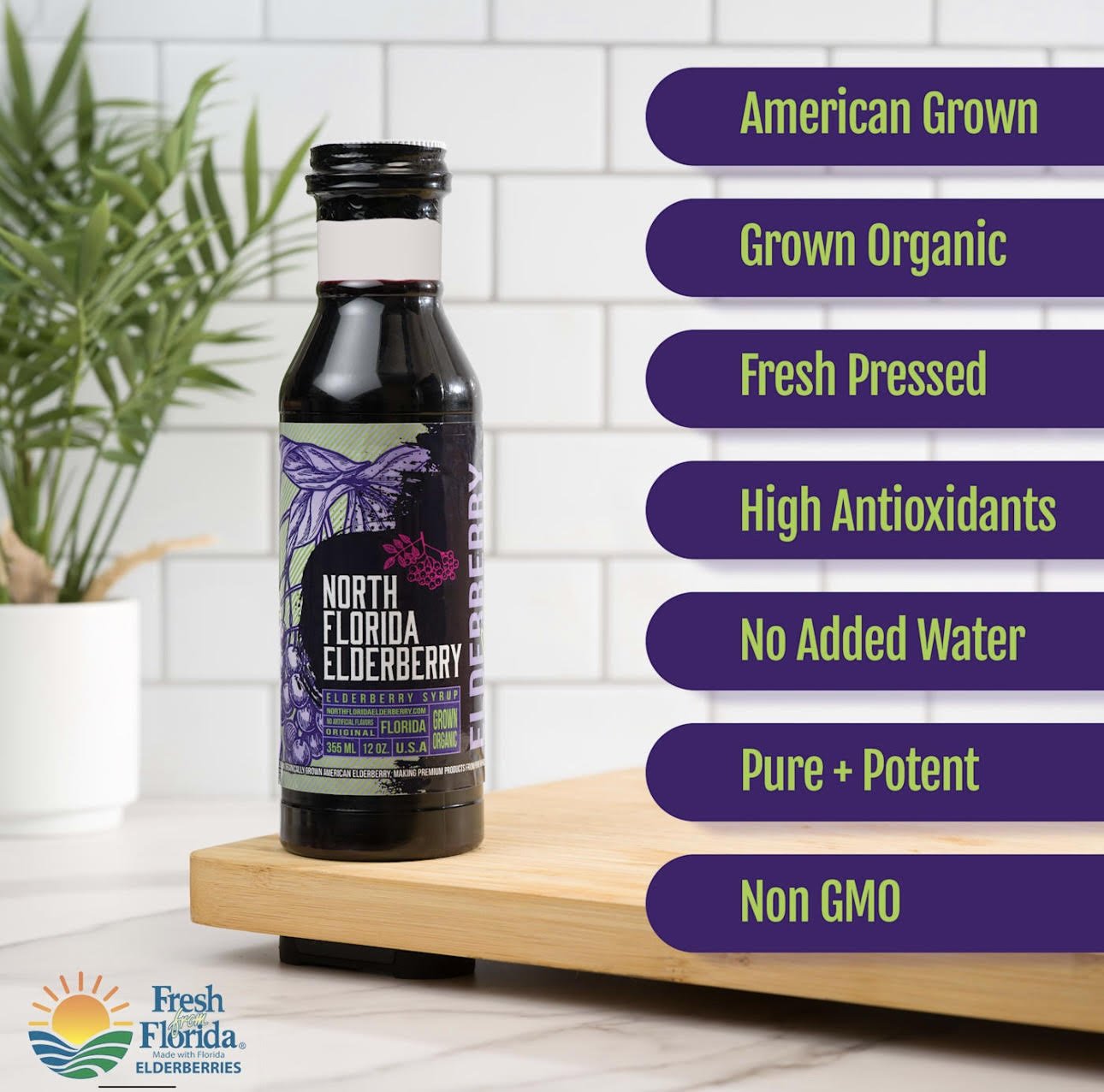 Bottle of North Florida Elderberry juice on a wooden shelf with product ingredients listed.
