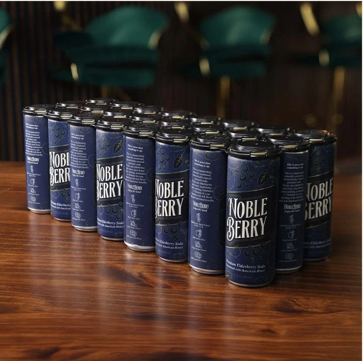 NobleBerry 24 pack cans on a wooden surface.