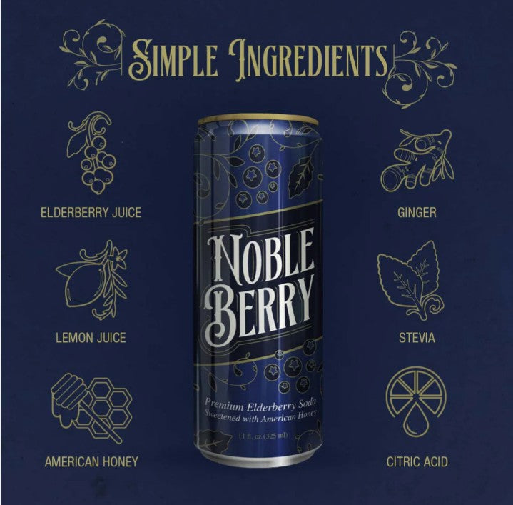 NobleBerry soda can with ingredients listed on a dark blue background