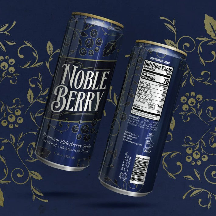 NobleBerry soda can on a decorative blue background