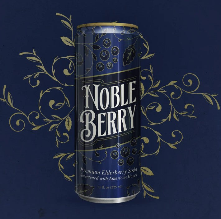 Noble Berry can on a dark blue background with decorative elements