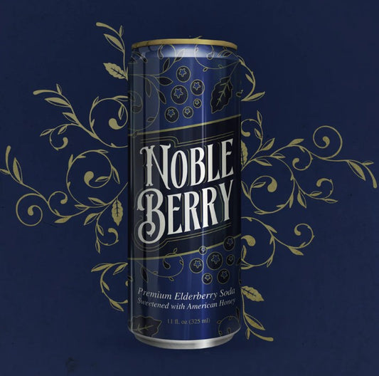 Noble Berry can on a dark blue background with decorative elements