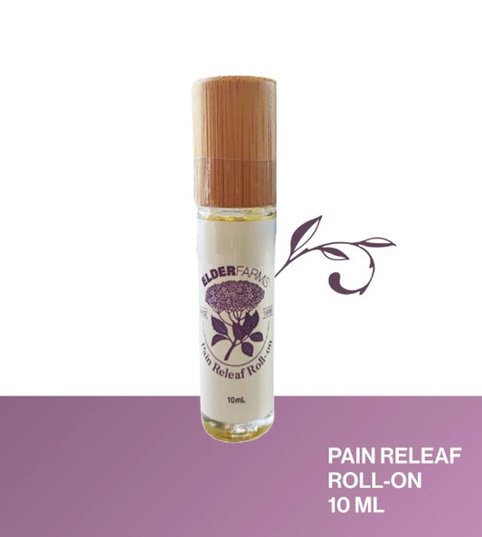 Roll-on bottle labeled 'Pain Releaf' with a wooden cap on a white background
