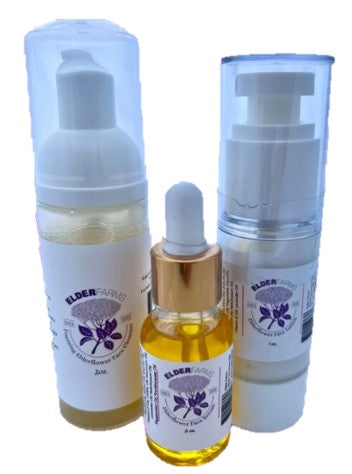 Set of Elderflower products including a spray bottle, dropper bottle, and a smaller container on a white background.